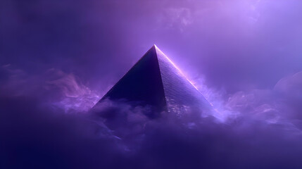 Poster - Radiant pyramid hovering in an ethereal purple haze, representing modern architectural design