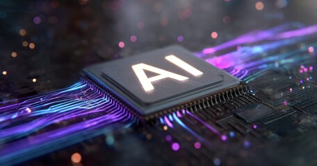 Poster - Futuristic AI chip glowing with colorful circuit designs representing advanced technology and computing power.