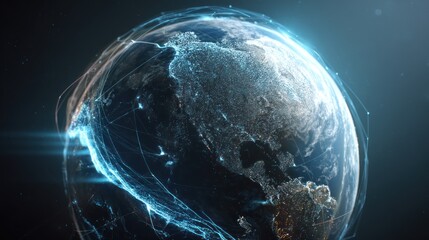 Poster - Futuristic depiction of Earth showcasing interconnected networks and glowing data streams in a digital environment.