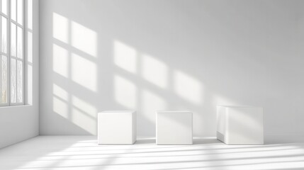 Poster - Minimalist white room interior with sunlight casting shadows on three cubic podiums for product display or showcase presentation backdrop with window light