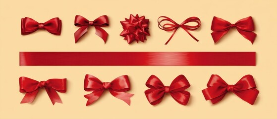 Poster - Festive array of vibrant red ribbons and bows arranged on a soft beige background capturing the essence of celebration and elegant gift wrapping for special occasions