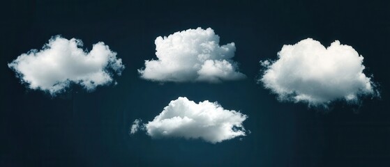 Poster - Four fluffy white clouds floating peacefully in a deep blue sky creating a serene and dreamy atmosphere perfect for backgrounds and inspirational designs