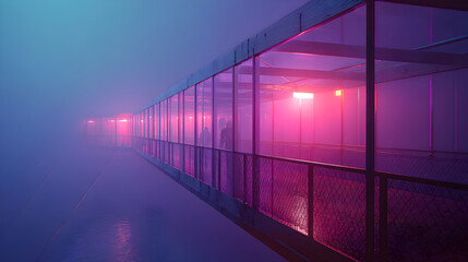Poster - Neon passageway illuminated corridor into the fog, mysterious pathway with captivating aesthetics