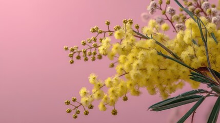 Poster - Delicate mimosa blossoms against a soft pink background evoking spring beauty and floral elegance capturing the essence of nature in a serene and calming composition