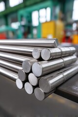 Poster - Metal rods stacked in industrial setting reflecting light showcasing precision engineering and manufacturing process with blurred factory backdrop and cool color palette