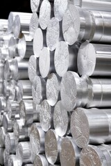 Poster - Stacked aluminum billets creating a textured industrial pattern showcasing metalworking precision and material strength in a close up shot with a dark background