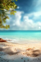 Poster - Serene Beach Scene with Starfish on Golden Sand Tranquil Turquoise Water and Palm Leaves Creating a Relaxing Tropical Paradise Perfect for Summer Getaways