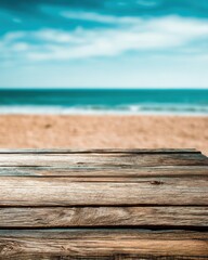 Poster - Rustic wooden table with a blurred beach background evoking a sense of summer vacation and relaxation showcasing the natural beauty of the coast in a serene outdoor setting