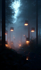 Poster - Mystical woodland scene featuring illuminated geometric shapes casting ambient light through the mist