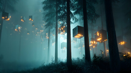 Poster - Mystical forest scene with glowing cube lanterns suspended amongst the towering trees creating an ethereal atmosphere