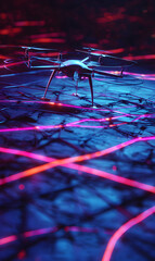 Poster - A cutting edge drone rests upon a network of glowing lines ready for its next mission