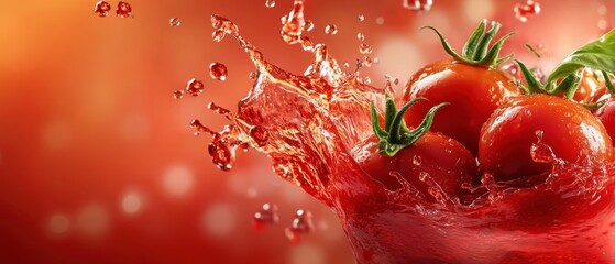 Poster - Ripe tomatoes in vibrant splash of juice against a warm red background capturing the essence of freshness and natural goodness in a dynamic and visually appealing scene