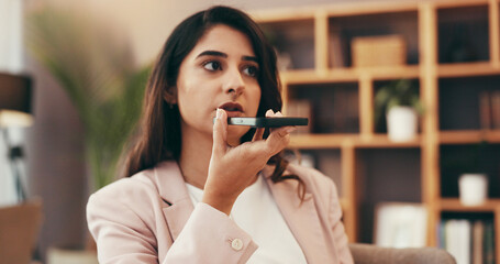 Aufkleber - Woman, phone and speaker in office for business, voice memo and speech to text for agenda. Administrator, thinking and mobile in agency for audio message, contact agent and communication on call