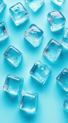 Poster - Refreshing ice cubes on a vibrant blue surface creating a cool and inviting atmosphere perfect for summer drinks and beverages with a clean and modern aesthetic