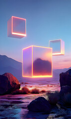 Poster - Floating luminous geometric shapes enhance a surreal landscape panorama at twilight hours view