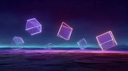 Poster - Floating luminous geometric shapes create an ethereal dimension in a captivating digital landscape