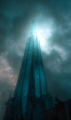 Poster - Futuristic skyscraper with a spire piercing the heavy cloudscape bathed in an eerie, ethereal light
