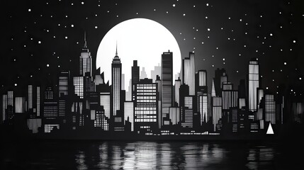 Poster - A mesmerizing black and white paper-cut silhouette of a city skyline at night.