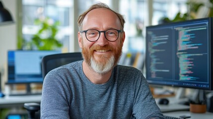 Poster - Expert's Insight: A smiling middle-aged man in glasses and a beard exudes confidence, positioned in front of monitors displaying programming code, symbolizing modern technological expertise.