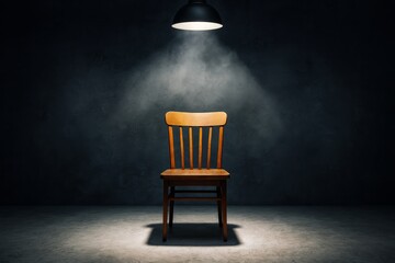 Poster - Wooden chair under dramatic spotlight on dark textured background with moody light and creative concept of interrogation or focus scene.
