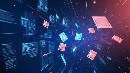 Fototapete - Abstract digital data flow with floating documents and particles