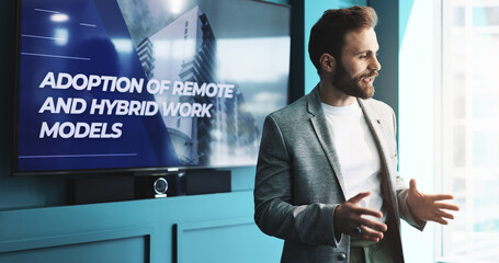 Poster - Businessman, meeting and presentation with screen for discussion, improvement or change at office. Man, speaker or employees with technology display or strategy for remote or hybrid model workshop
