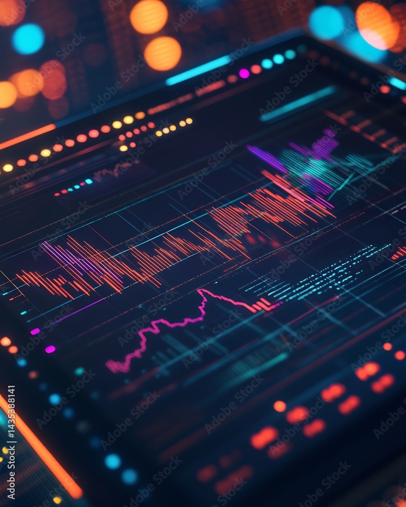 Glowing tablet displaying real time stock market update digital symbol ...