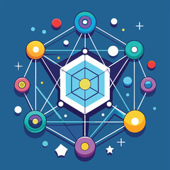 Poster - Geometric shape symbolizing connectivity and interaction with vibrant colors and dynamic lines set against a blue background