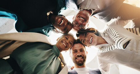 Aufkleber - Below, circle and portrait of business people in office for teamwork, collaboration and solidarity. Professional workers, corporate and men and women huddle for celebration, support and partnership