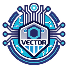 Poster - Modern vector logo design for an electronics manufacturer featuring circuit patterns and a hexagonal shape representing innovation in technology
