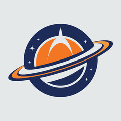 Poster - Minimalist logo design for a commercial space tour showcasing a stylized planet and rings against a dark blue background with stars