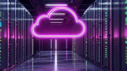 Poster - Neon cloud symbol glowing in a modern data center corridor