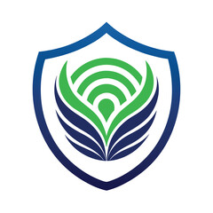 Poster - Simple and elegant logo design for biometric security technology showcasing a modern shield with stylized fingerprint elements and protective wings