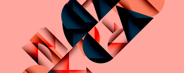 Fototapete - Abstract geometric design. Bold shapes intersect, creating dynamic visual impact. Pink background complements red, navy elements.