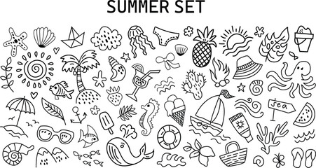 
Hand drawn line drawing summer beach background set. Doodle sea bg. Cute hand drawn sketch flower, sun, cloud, wave, palm, whale, beach umbrella, boat icon. summer vector elements. 