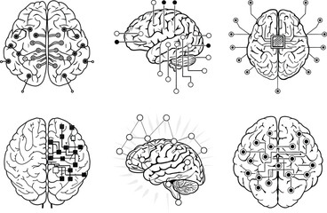Poster - Artificial intelligence brain concept black and white line art set