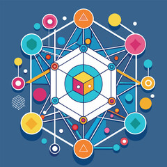 Poster - Geometric shape representing connectivity and interaction in vibrant colors and intricate design with various polygonal forms