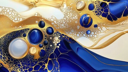 Poster - Abstract fluid art with swirling patterns of metallic gold and navy blue inks