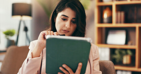 Aufkleber - Tablet, thinking and business with woman in home office for government lawyer, federal justice policy or idea. State prosecutor, vision and political administration with person and online review