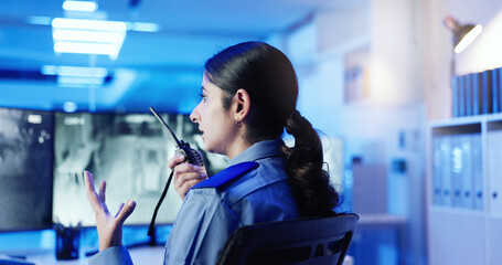 Aufkleber - Woman, security guard or radio with surveillance for signal, communication or health and safety alert. Female person, officer or talking with audio speaker for emergency protocol at protection agency