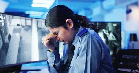 Fototapete - Fatigue, security guard and woman with pain, burnout or cctv screen on night shift for safety. Headache, eye strain or person with video surveillance in control room for overtime protection agency