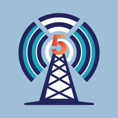 Poster - Modern vector logo design for network infrastructure featuring a wireless tower and signal waves in distinct colors and a bold number five