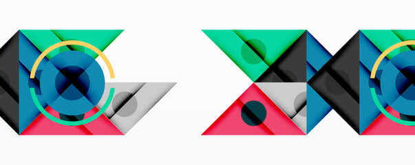 Leinwandbilder - Abstract geometric pattern. Overlapping shapes create dynamic visual effect. Bright colors, circles, triangles dominate composition.