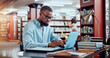 © peopleimages.com - University, books and man in library on laptop for online research, information and studying for project. College, student and person with computer and notes for education, knowledge and learning