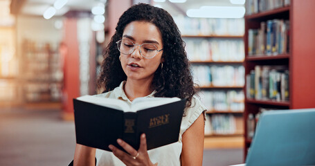 Poster - Woman, bible study and reading at library for learning for theology assessment at university. Girl, college student and research with religion, history and book for project, scholarship or education