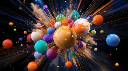 Poster - Energy burst of multicolored particles in midair, motion and light abstract