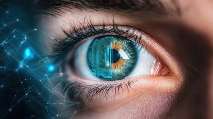 Poster - High-tech AI chip concept overlaid on a futuristic blue circuit background