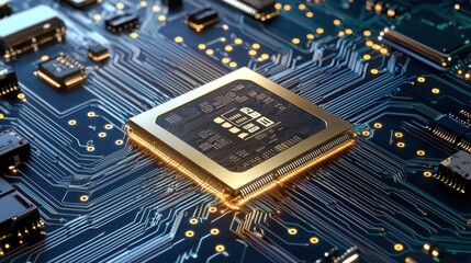 Poster - High-tech AI chip concept overlaid on a futuristic blue circuit background