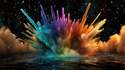 Poster - Intense, energetic burst of rainbow-colored particles in digital space