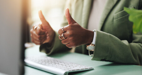 Aufkleber - Thumbs up, computer and hands of businesswoman in office with approval for investment. Closeup, agreement and female financial advisor with satisfaction gesture or emoji for profit in workplace.